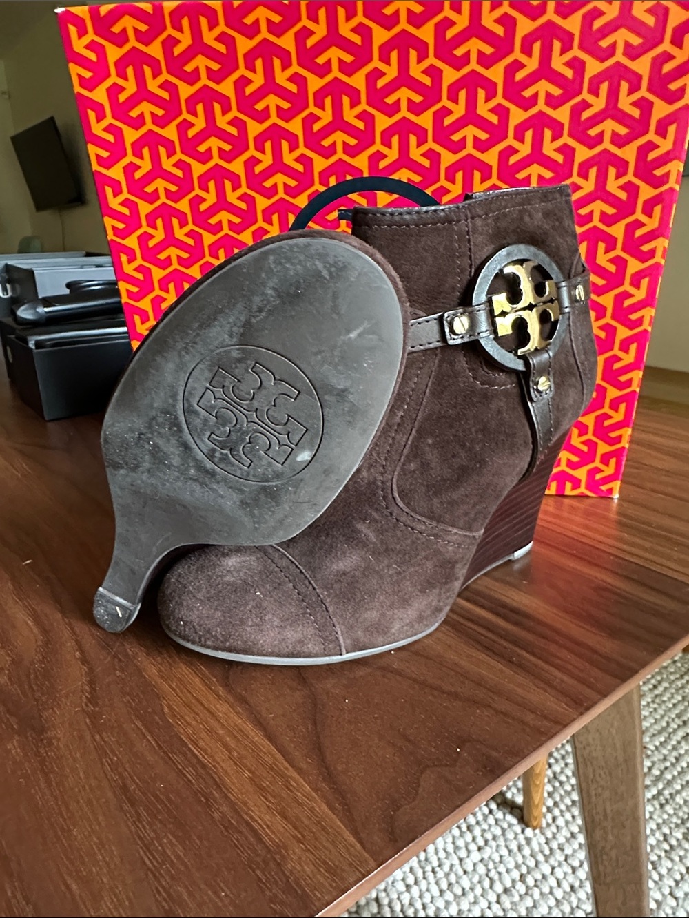 Tory Burch Dark Brown Suede Wedge Ankle Booties with Logo Medallion - Picture 2 of 3